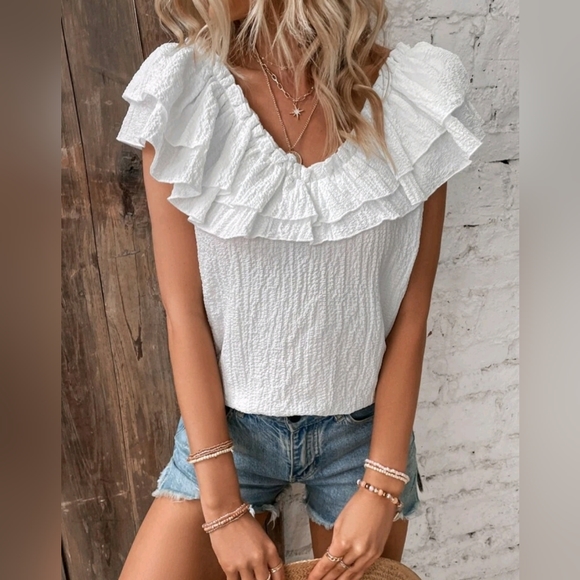 New Boho Textured Ruffle Top Blouse On / Off Shoulder White - Picture 4 of 9